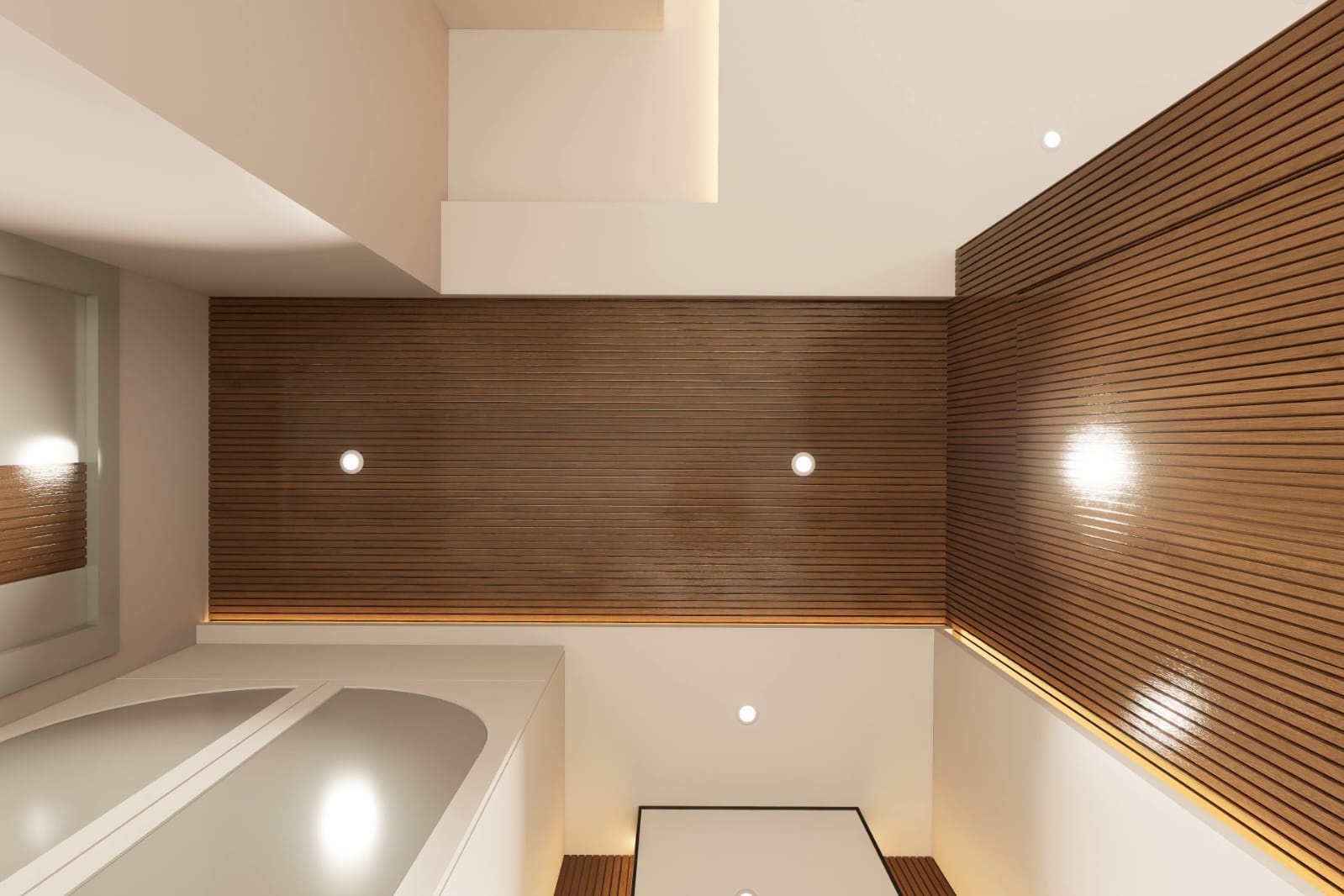 Fluted Timber Ceiling with Recessed Warm LED Cove Lights
